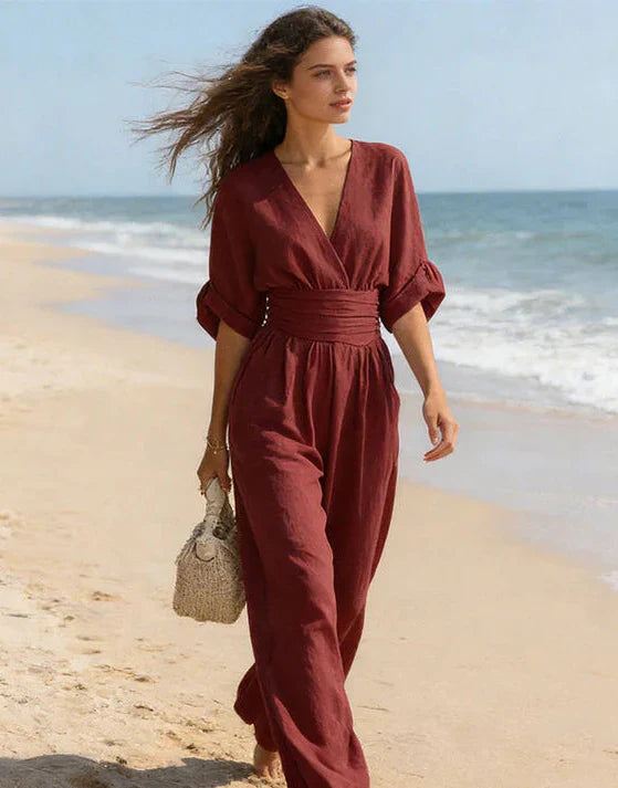 Avelissea - Dames jumpsuit met V-hals en brede, vloeiende broek