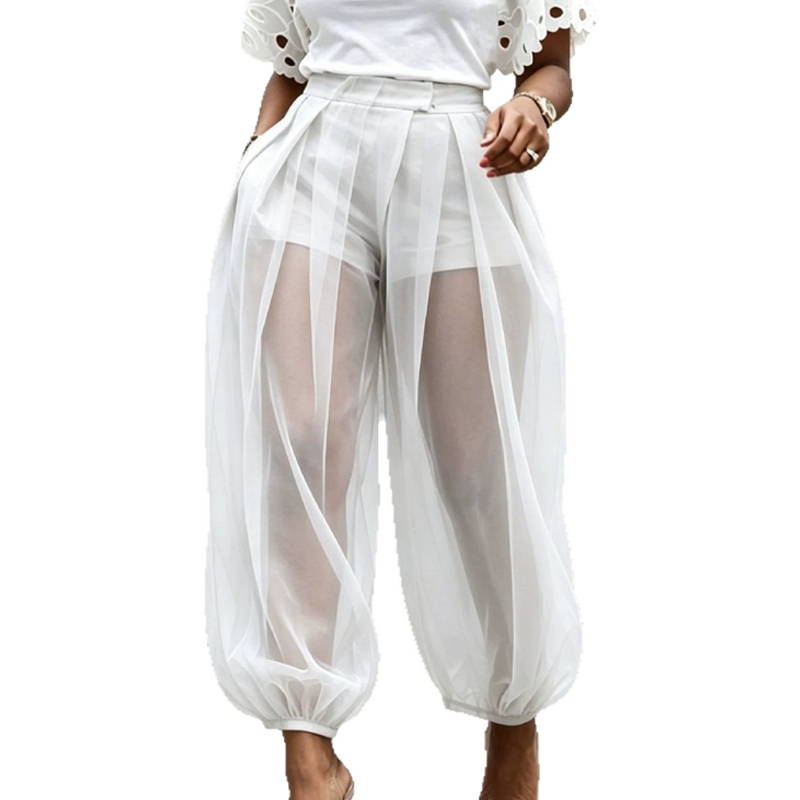 Perelle - Dames transparante mesh broek met geïntegreerde short
