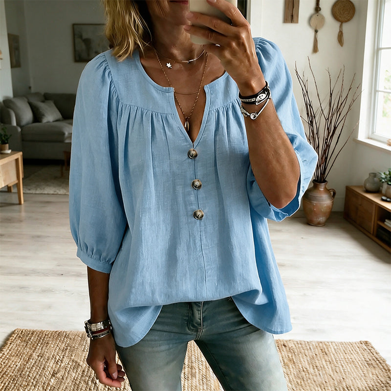 Loriane - Damesblouse met V-hals en 3/4 mouwen met knopen