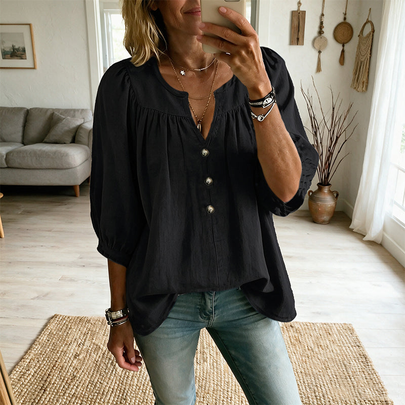 Loriane - Damesblouse met V-hals en 3/4 mouwen met knopen