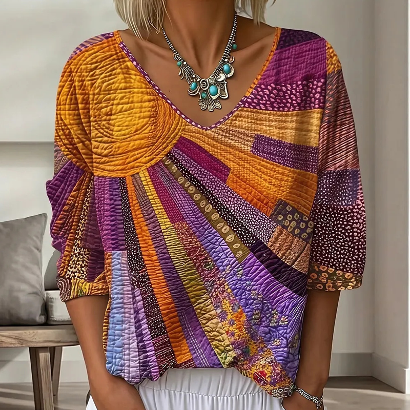 Cecily - Dames blouse retro patchwork met V-hals