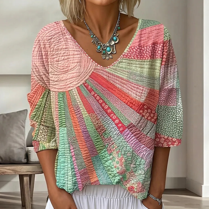 Cecily - Dames blouse retro patchwork met V-hals