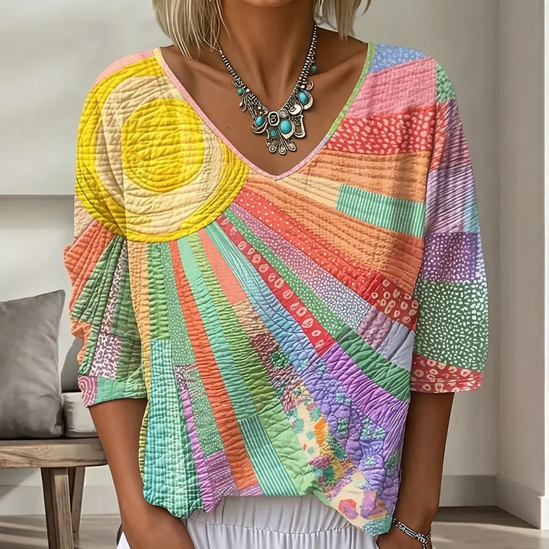Cecily - Dames blouse retro patchwork met V-hals