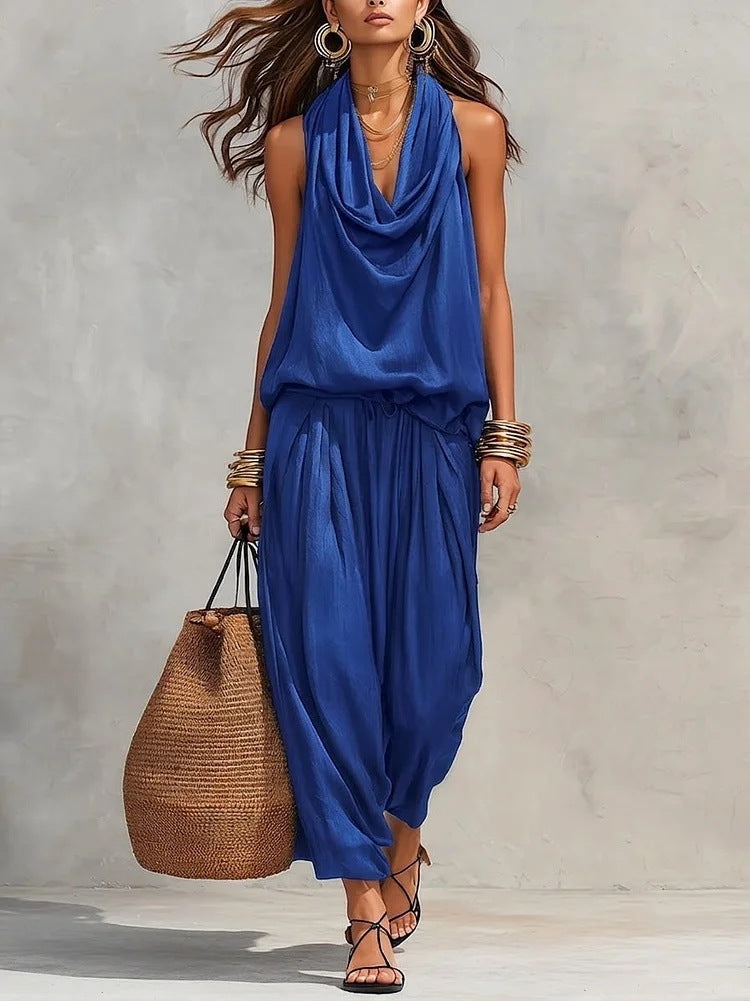 Qyraxa - Vrouwen tweedelig set vloeiende polyester elegante avond zomer