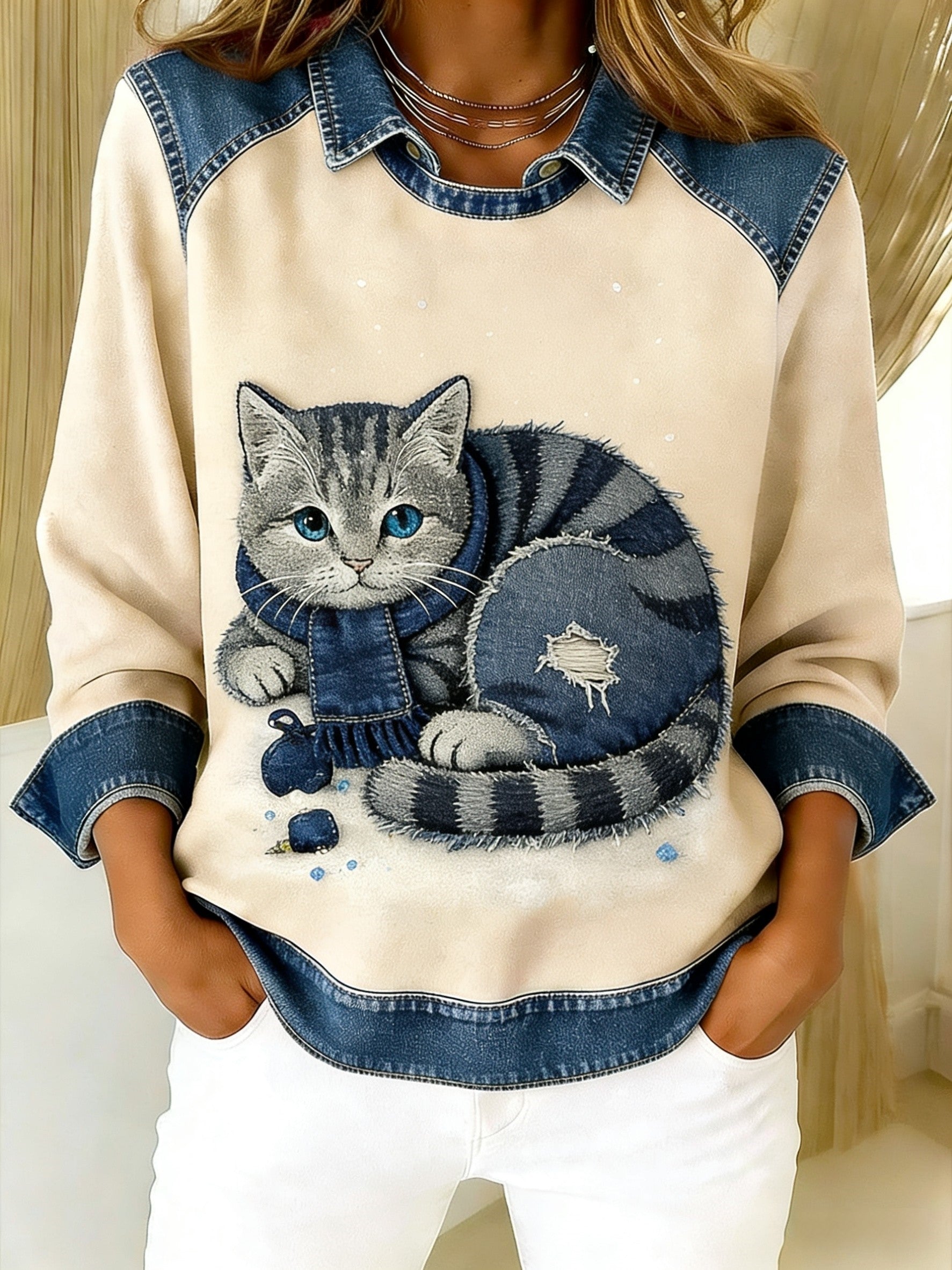Oravellissa - Sweatshirt en Denim Patchwork Retro
