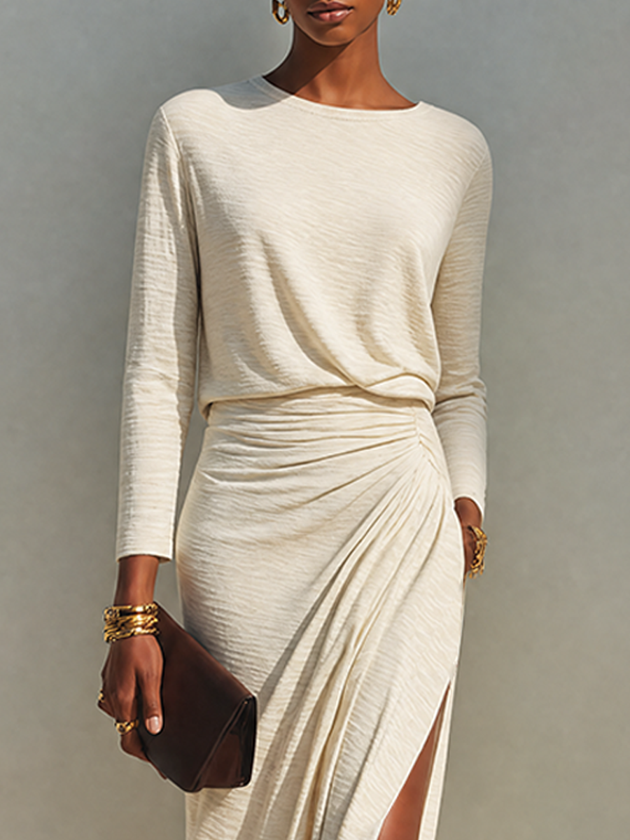 Madelief - Lange jurk voor dames beige met zijsplit