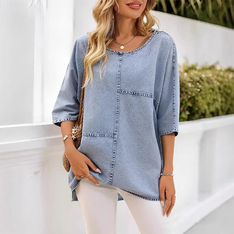 Frédérique - Dames T-shirt denim effect met decoratieve naden