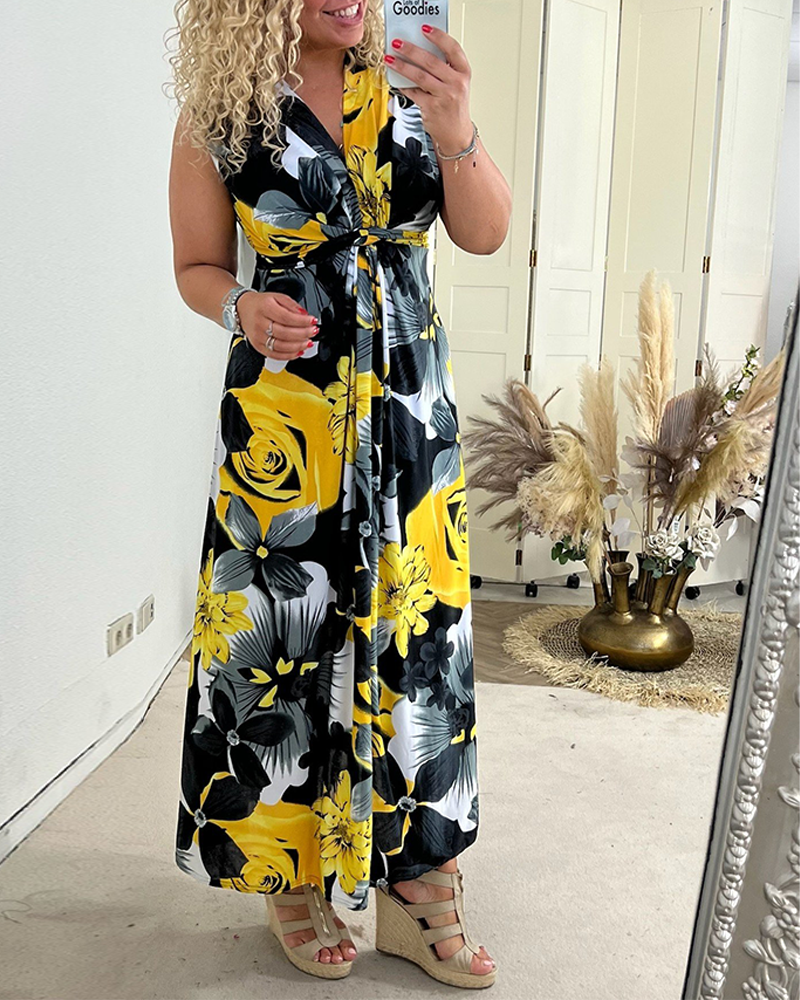 Sacha - Elegante bloemenprint mouwloze plissé jurk