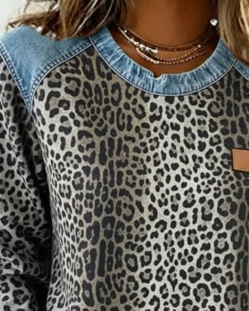 Averelisse - Casual Jeans Patchwork Leoprint Trui