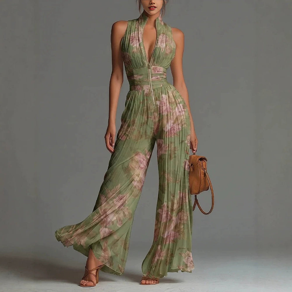 Loravelle - Plissé jumpsuit voor dames met V-hals en wijde benen