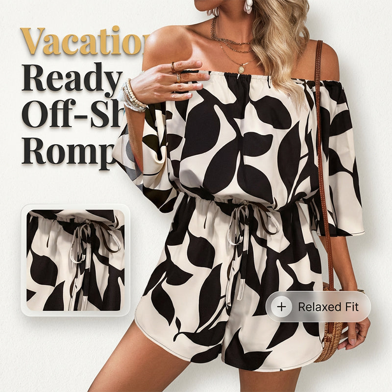 Ivoriah - Dames short jumpsuit met blote schouders en bladerenprint