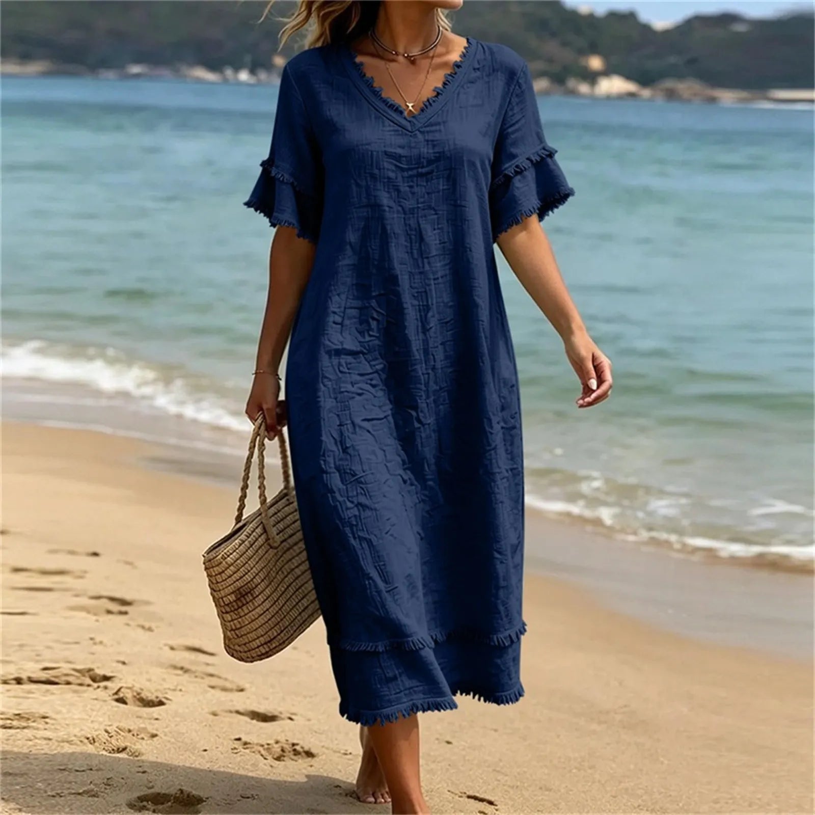 Naelle - Vrouwenjurk met V-hals en franjes in boho-stijl