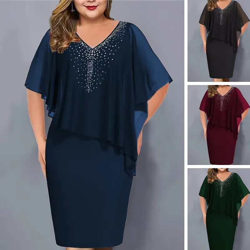 Lorenne - Damescape jurk met strass en chiffon overlay