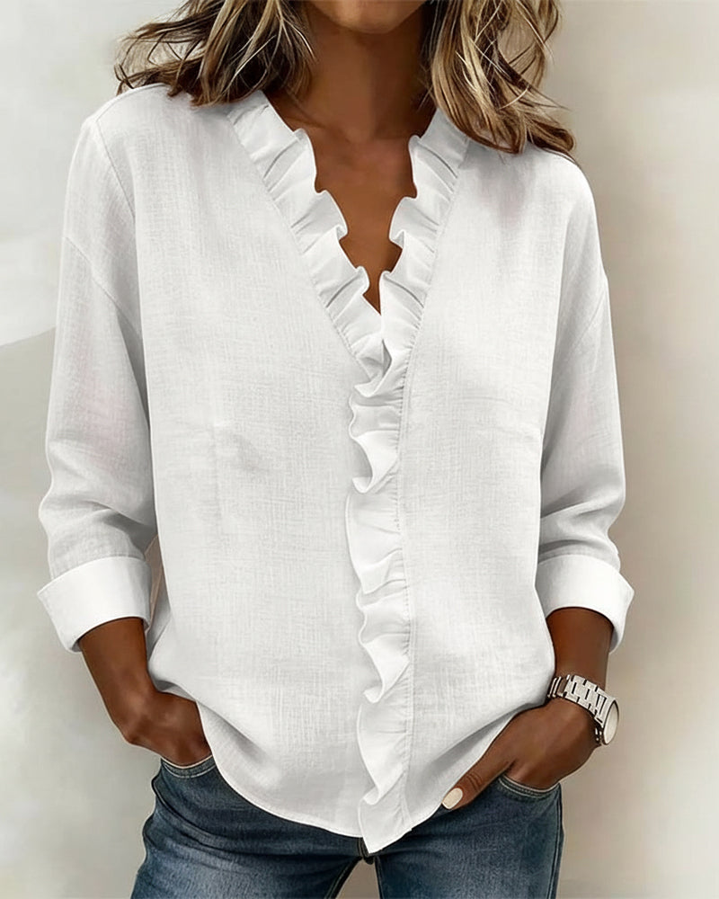 Elissavienne - Elegante Katoenen Blouse met Volants en V-Hals