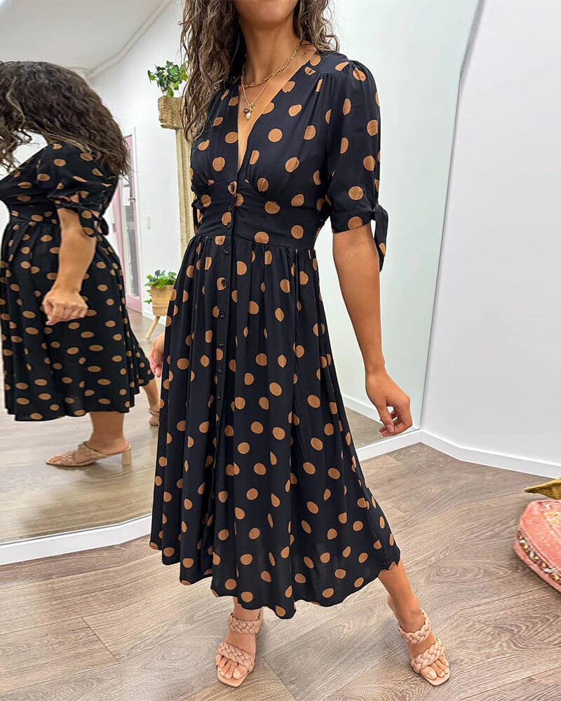 Mina - Polka Dot Jurk met Diepe Puntige Halslijn