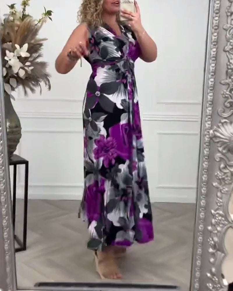 Sacha - Elegante bloemenprint mouwloze plissé jurk