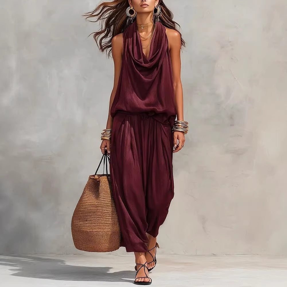 Qyraxa - Vrouwen tweedelig set vloeiende polyester elegante avond zomer