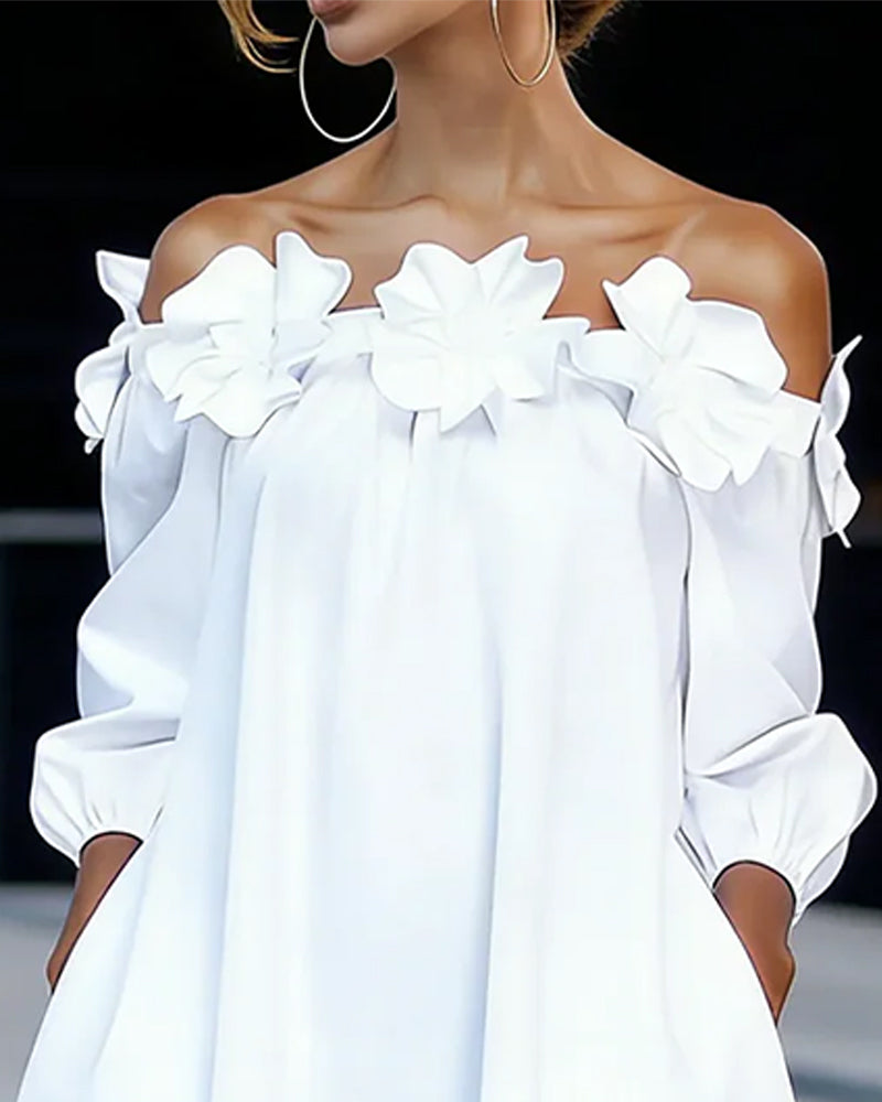 Valentijn - Elegante witte jurk met off-shoulder en 3D bloemen