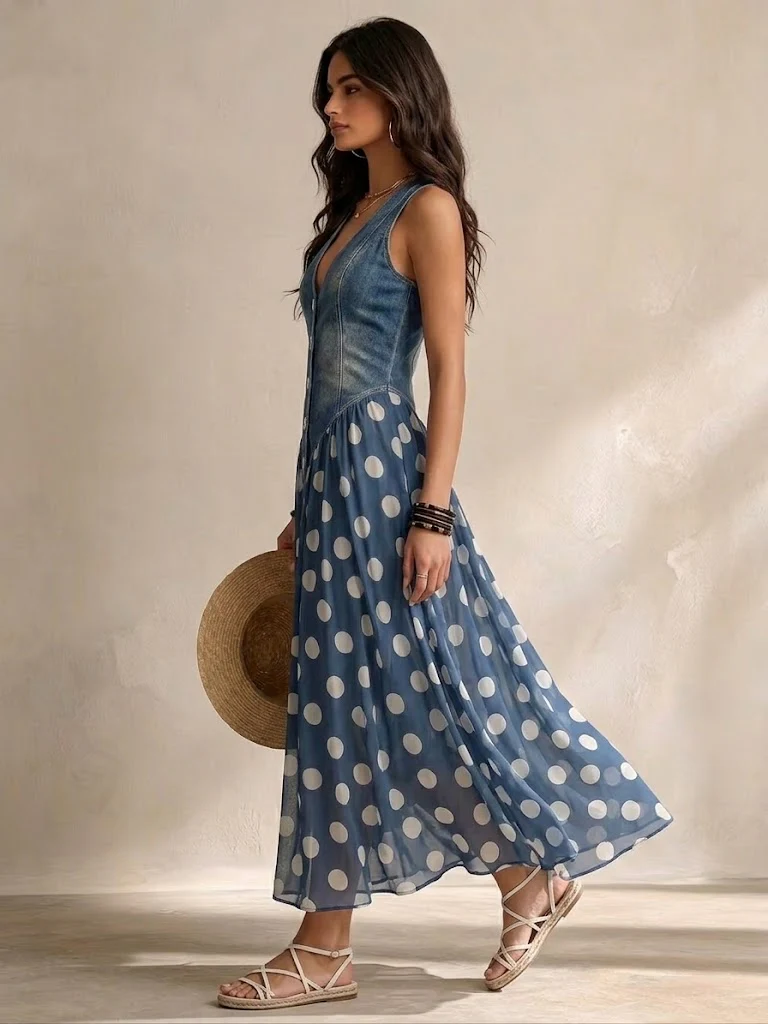 Elviane - Mouwloze denim jurk met een vloeiende stippenrok