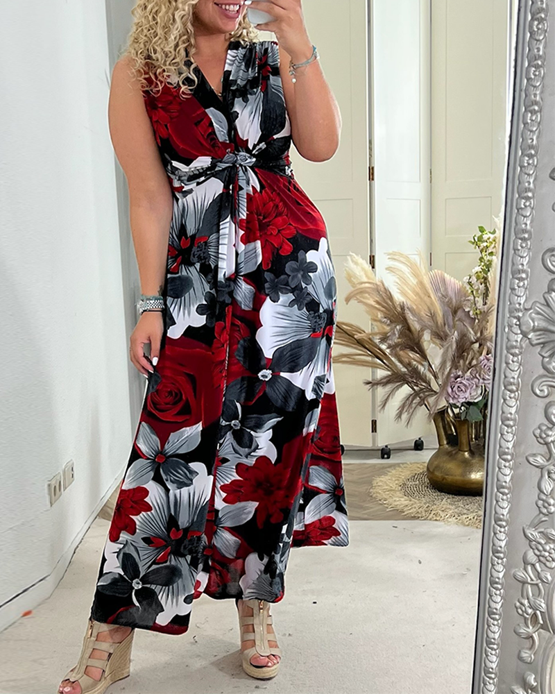 Sacha - Elegante bloemenprint mouwloze plissé jurk