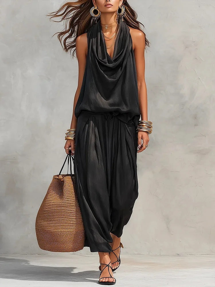 Qyraxa - Vrouwen tweedelig set vloeiende polyester elegante avond zomer