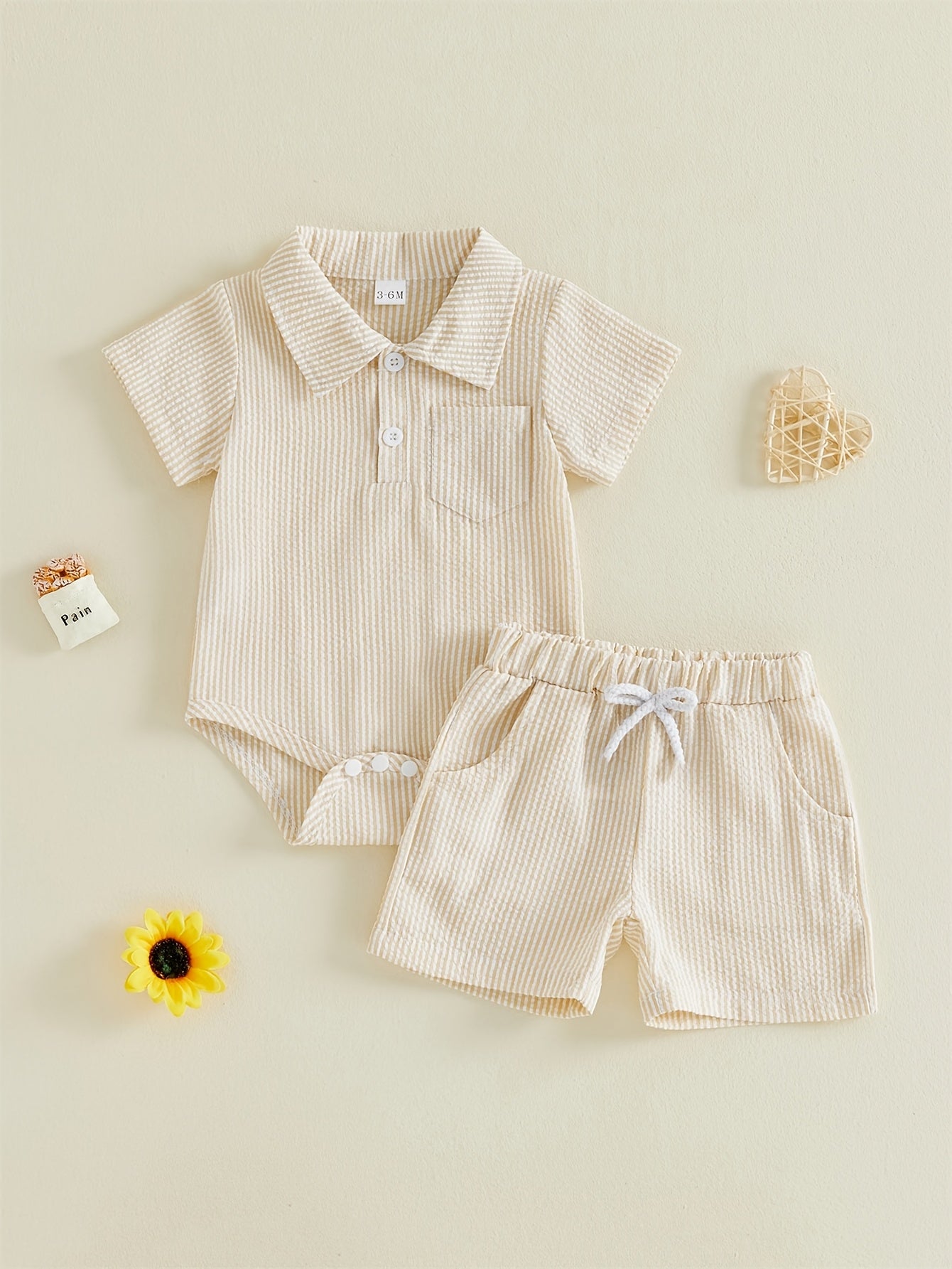 Light Khaki/Light Blue Bubble Gauze Short Sleeve Bodysuit & Shorts Romper - Collar Button-Front & Crotch Snap Closure, Striped Baby Jumpsuit for Summer Outfits, Daily Wear (Hand Washable) Suitable for Summer Activities, Perfect for Outdoor