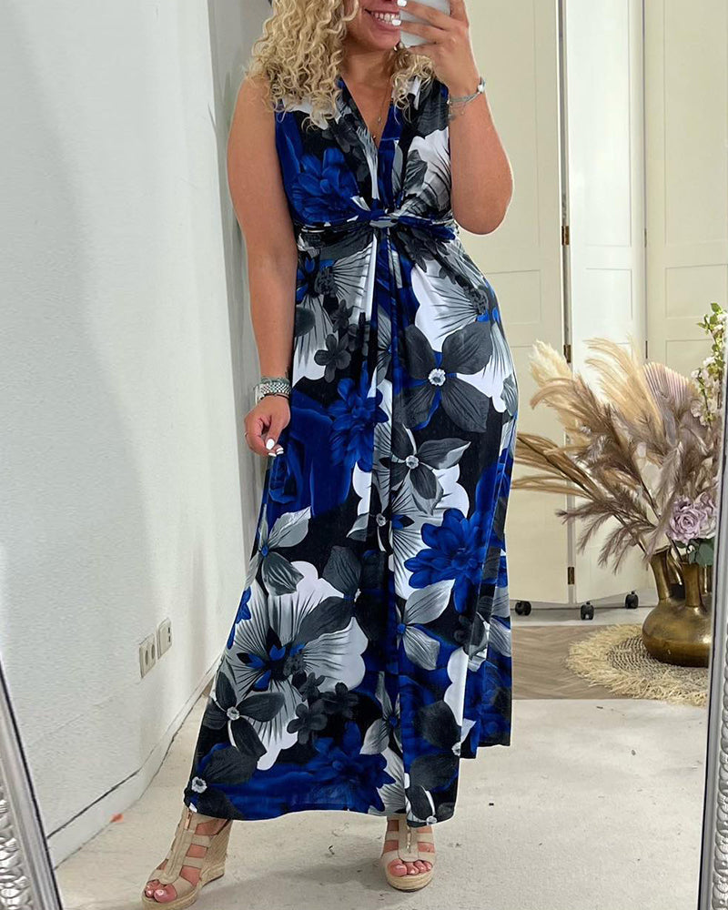 Sacha - Elegante bloemenprint mouwloze plissé jurk