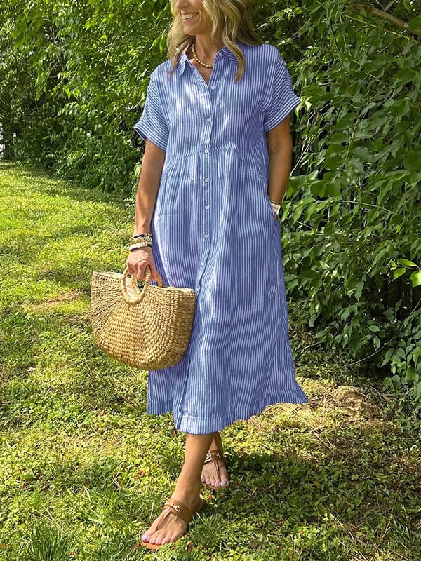 Melania - Gestreepte overhemdjurk met revers en knopen | Met functionele zakken
