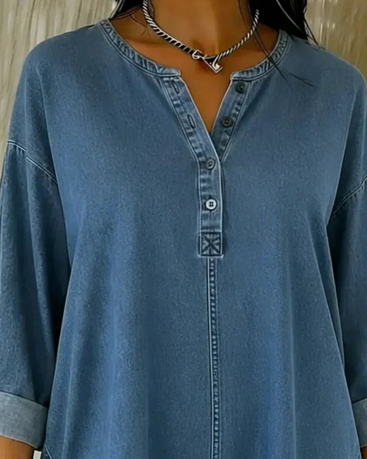 Heliravessa - Casual Denim Top met Knopen en V-hals