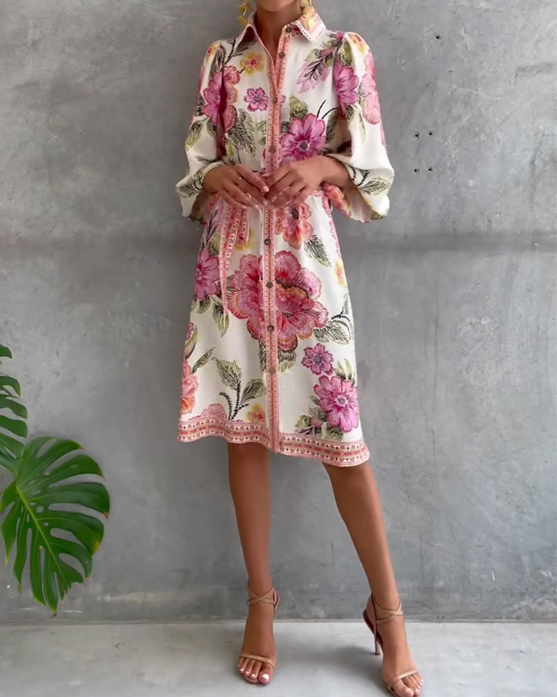 Glyssara - Elegante bloemenjurk voor dames met lantaenmouwen en knopen