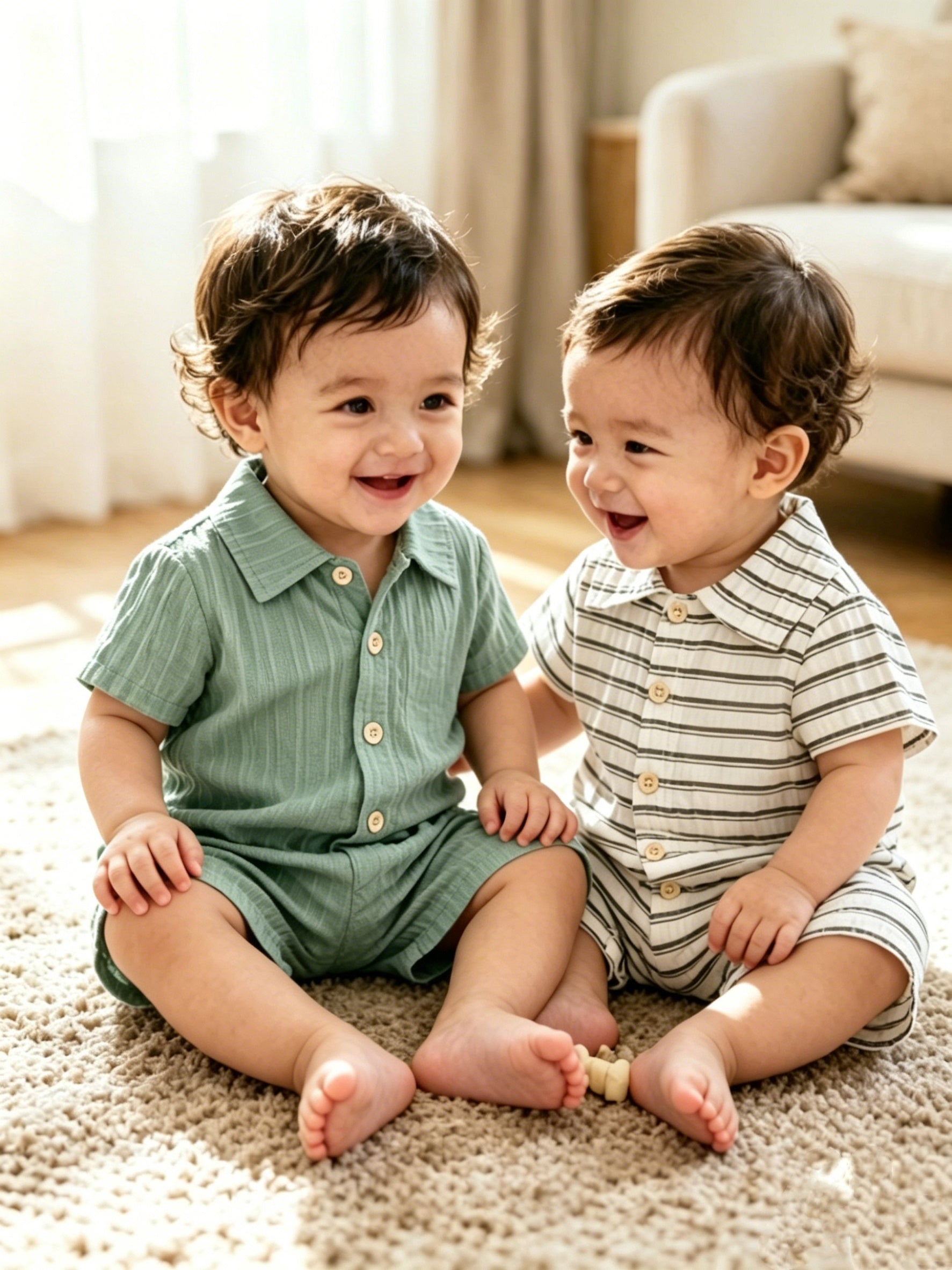 Boys' Summer Casual 2pcs Set Bodysuit, Striped V-Neck with Buttons, Suitable for Baby's Outdoor Wear, Perfect for Outdoor