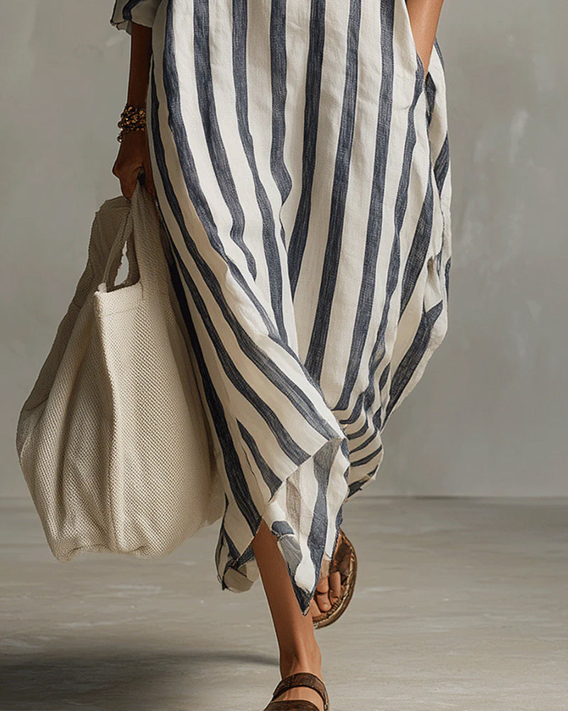 Avenira - Maxi Gestreepte Jurk met Casual Chic Reverskraag