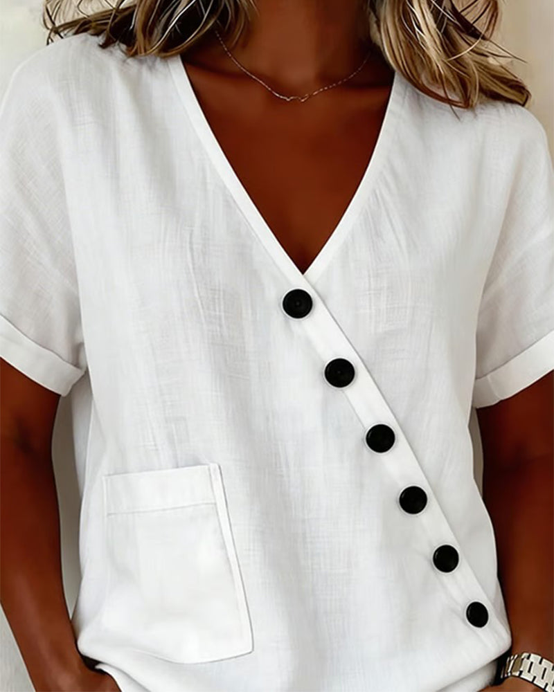 Qirellea - Dames Top met Asymmetrische Knopen Lichtgewicht Snit voor de Zomer