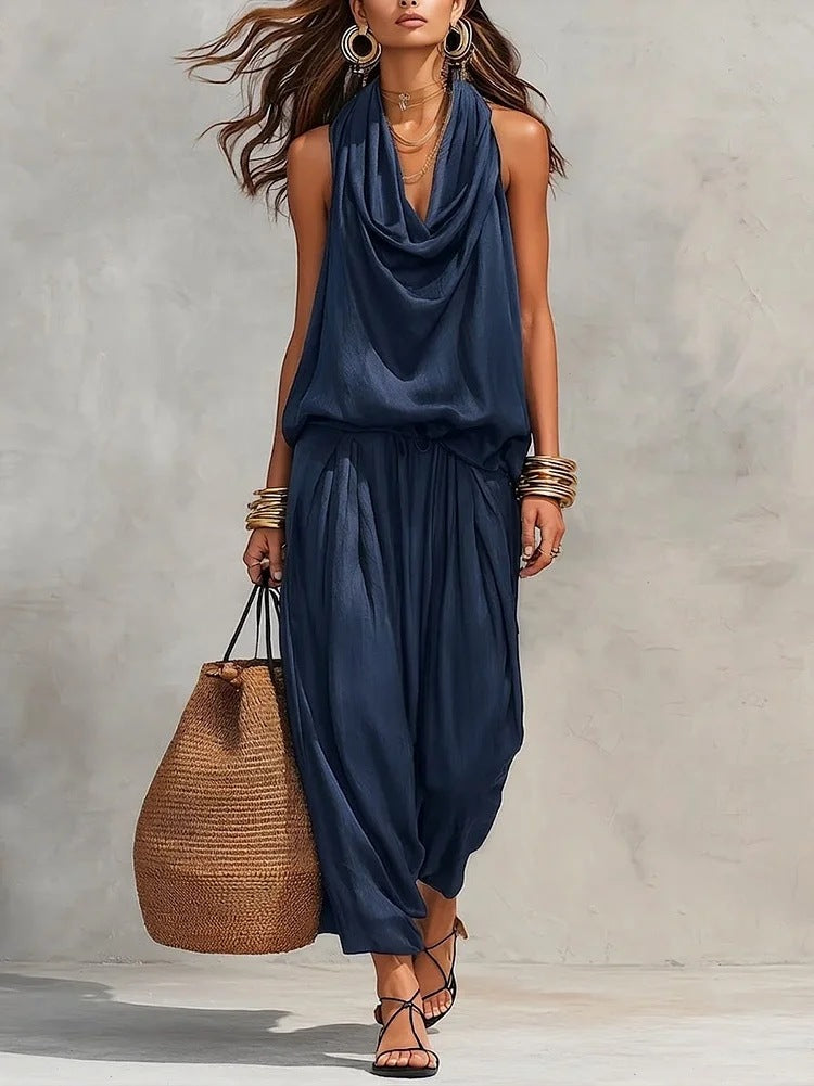 Qyraxa - Vrouwen tweedelig set vloeiende polyester elegante avond zomer