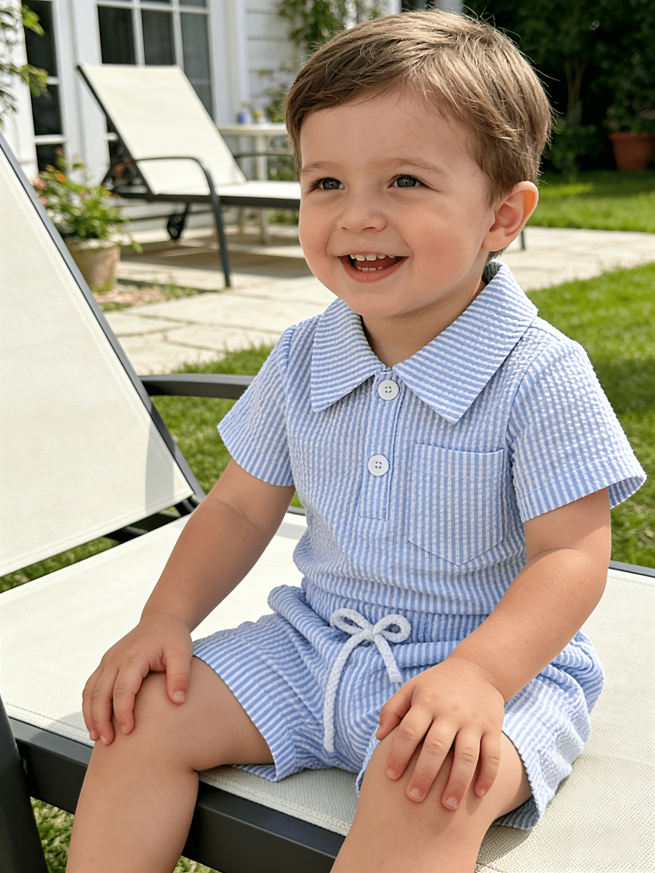 Light Khaki/Light Blue Bubble Gauze Short Sleeve Bodysuit & Shorts Romper - Collar Button-Front & Crotch Snap Closure, Striped Baby Jumpsuit for Summer Outfits, Daily Wear (Hand Washable) Suitable for Summer Activities, Perfect for Outdoor