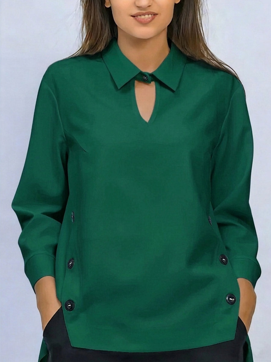 Pryxa - Damesblouse met klassieke kraag, elegante opening, lange mouwen, minimalistisch