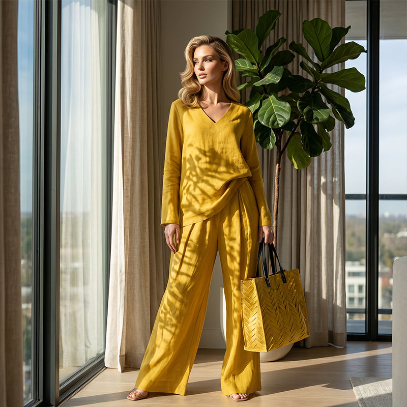Sovalyne - Vrouwelijke casual set met V-hals en brede, vloeiende broek