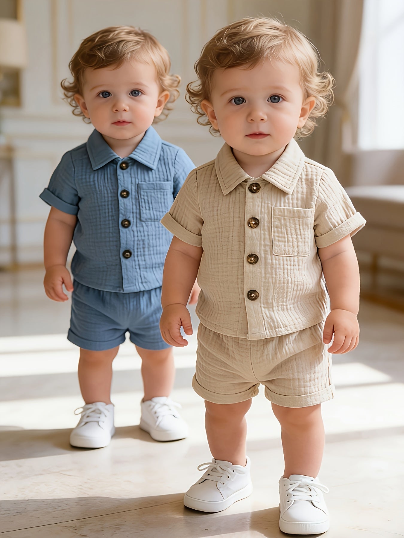 Fashion Summer Set Fresh Blue-Gray Two-Color Short-Sleeved Shirt + Shorts Combination Four-Piece Set, Whether It Is Daily Outing Or Family Gathering, Can Make The Show Lovely And Elegant, for Outdoor