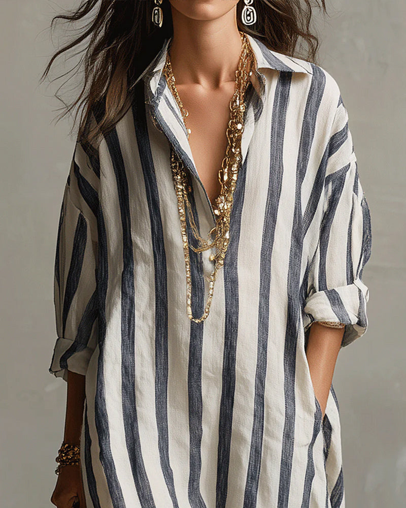 Avenira - Maxi Gestreepte Jurk met Casual Chic Reverskraag