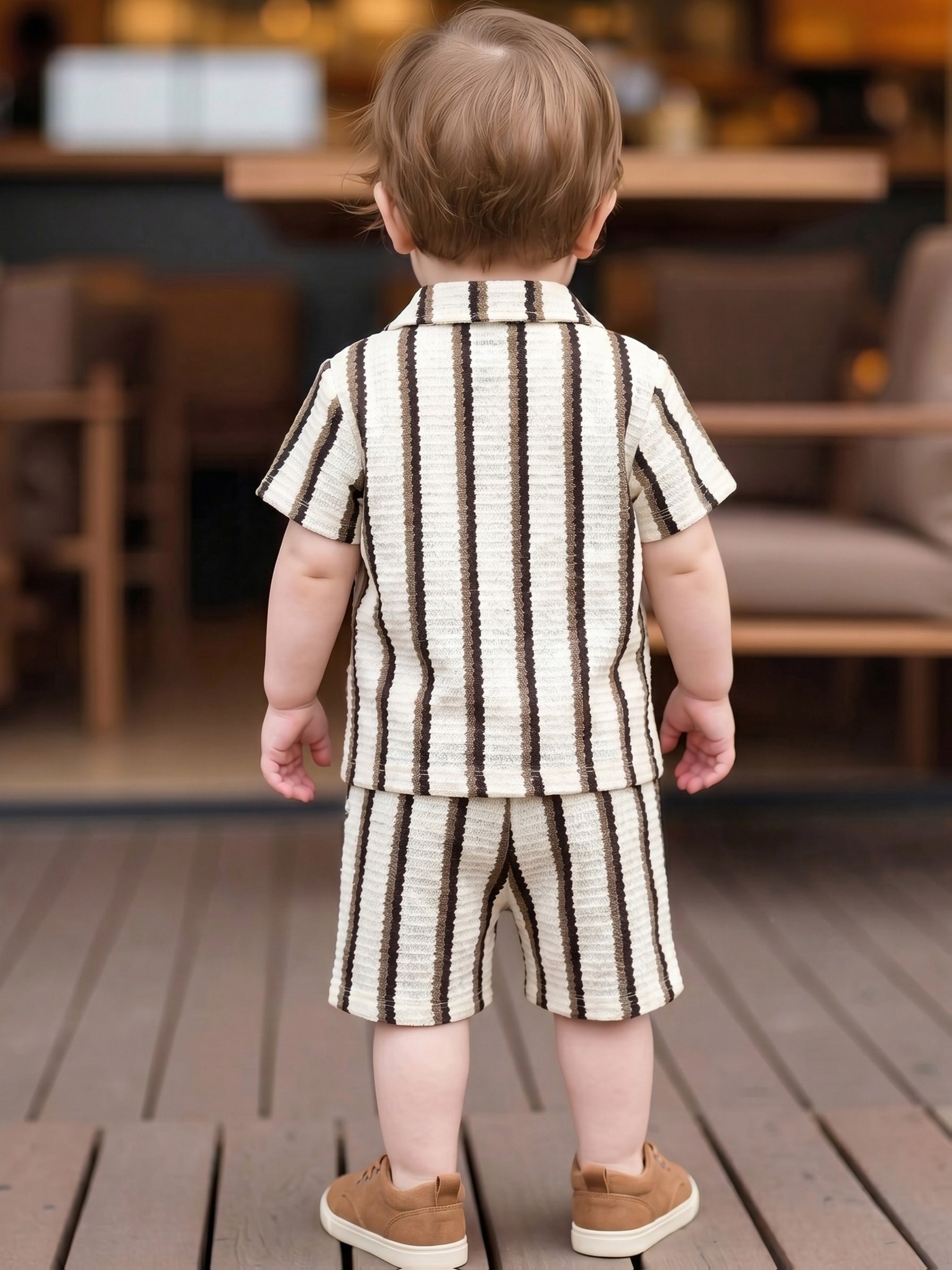 Boys' 2pcs Spring/Summer Set - Striped Pattern Lapel Short-Sleeve Shirt Paired with Casual Short-Sleeve Top for Casual Attire, Trendy Casual Outfit, Perfect for Outdoor