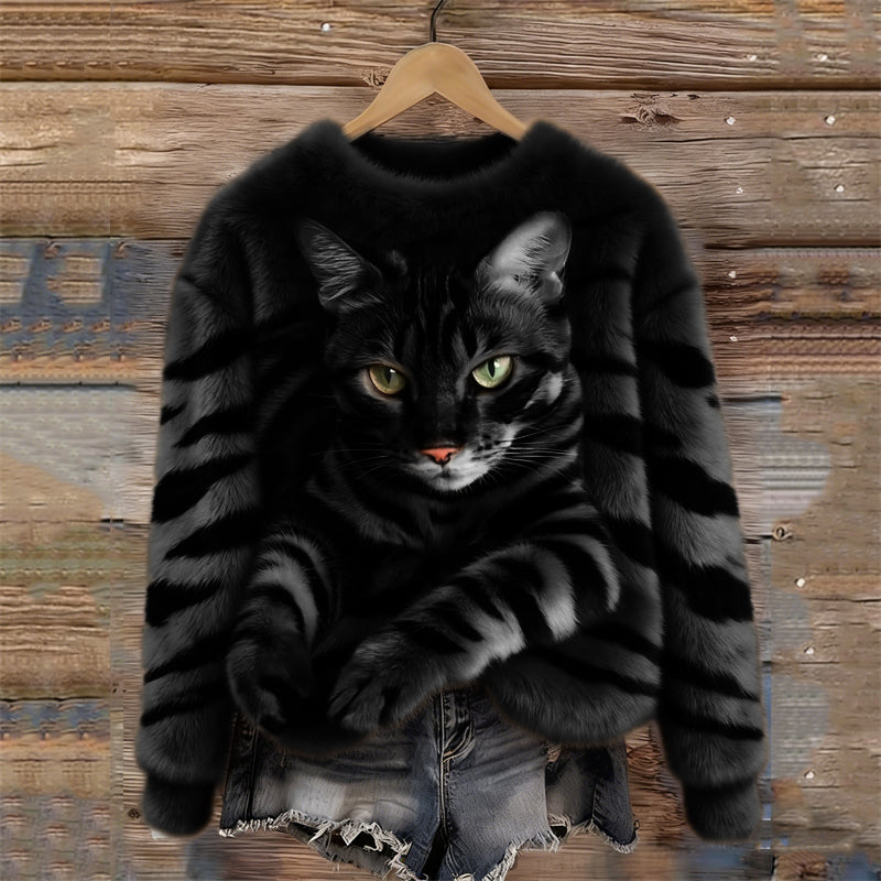 Lunavessine - Plush Sweatshirt met Tijger- en Tabbykatpatroon