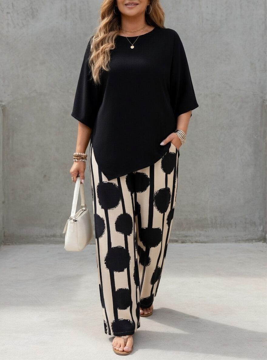 Lunoria - Vrouwen tweedelig ensemble met asymmetrische top en geprinte broek