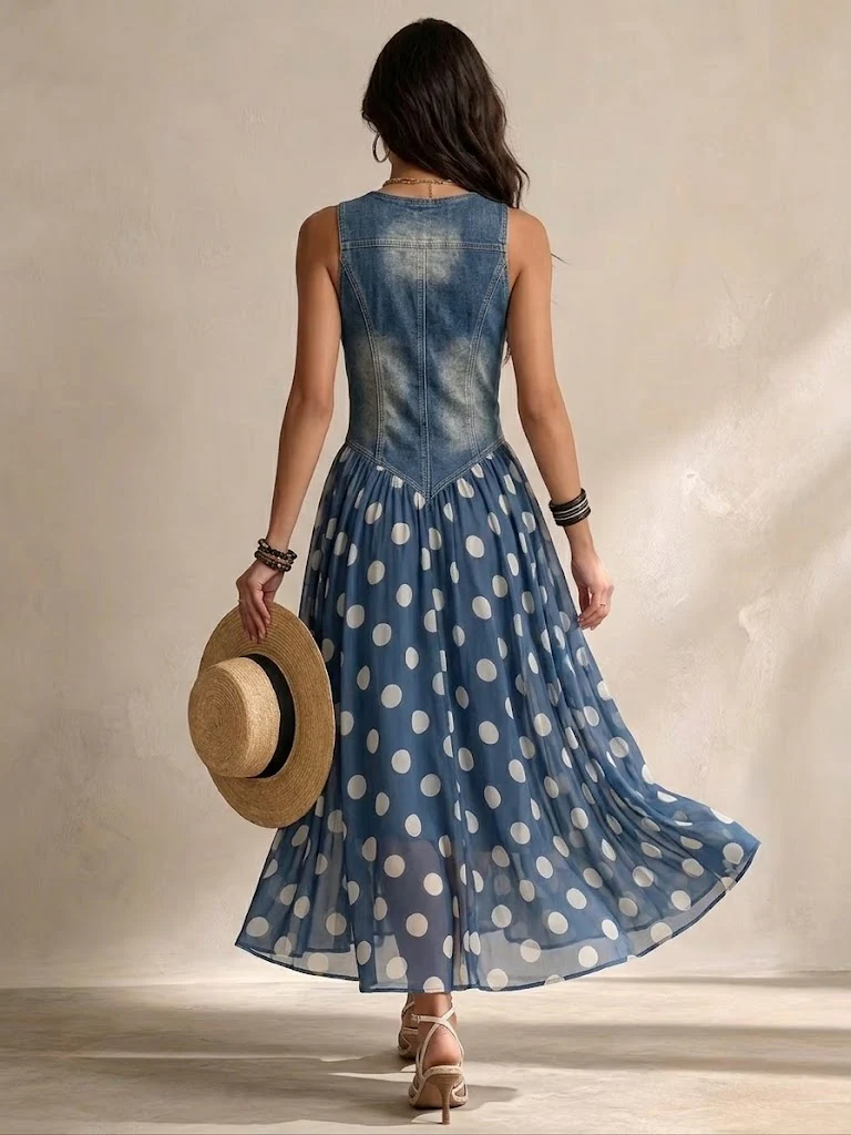 Elviane - Mouwloze denim jurk met een vloeiende stippenrok