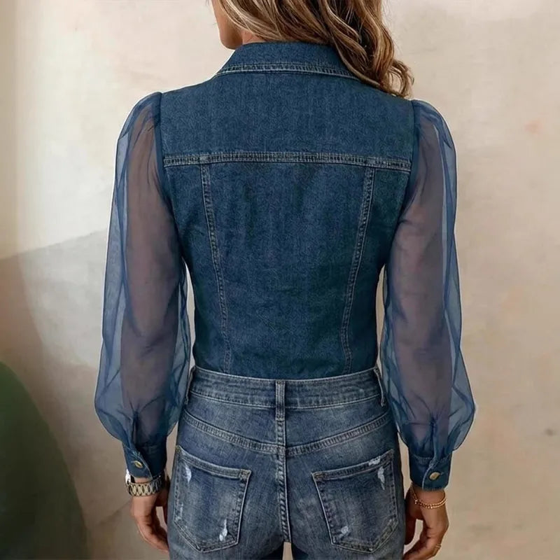 Dagmar - Dames chemise van denim met transparante mesh mouwen