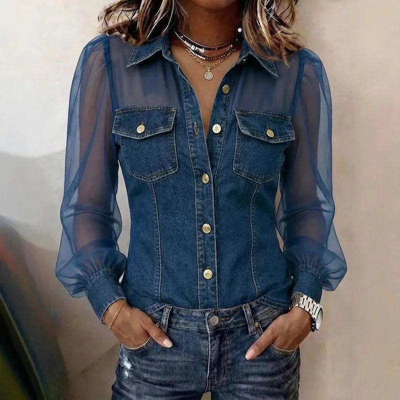 Dagmar - Dames chemise van denim met transparante mesh mouwen