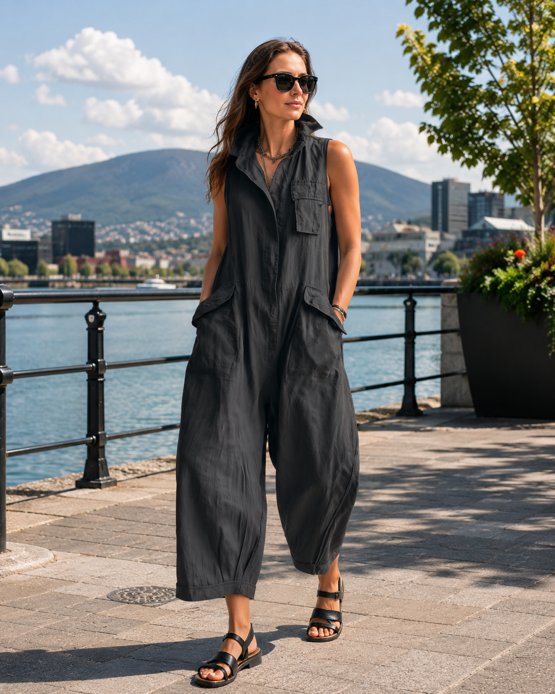Aeris - Dames oversized mouwloze jumpsuit met zakken