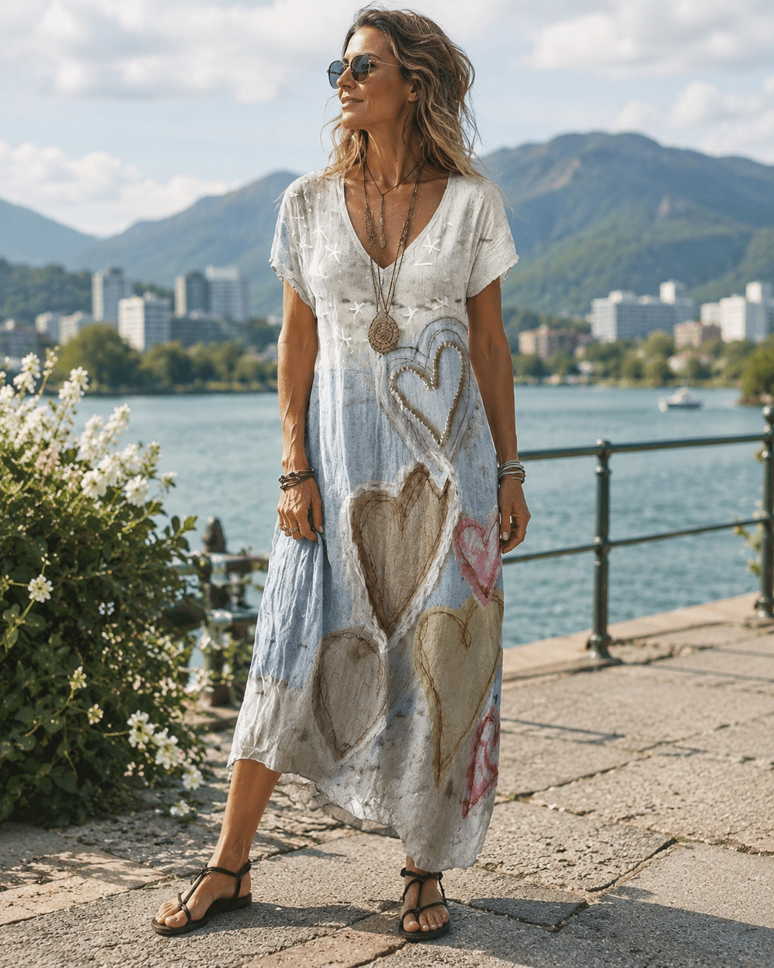 Myravina - Vintage midi jurk voor dames met hartprint en V-hals