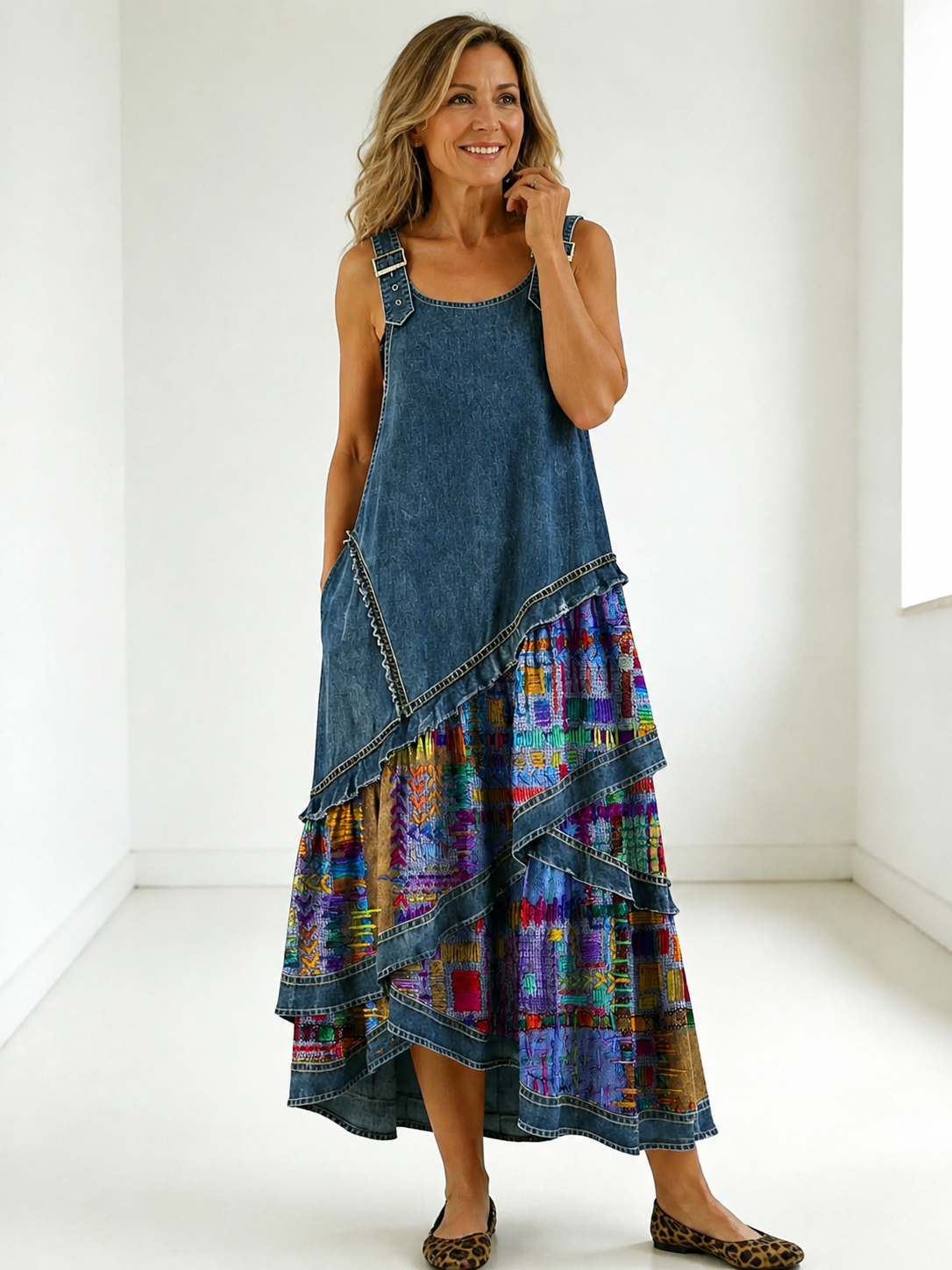 Rovessira - Maxi jurk voor dames met bohemian patchwork in denim en bloemenprint