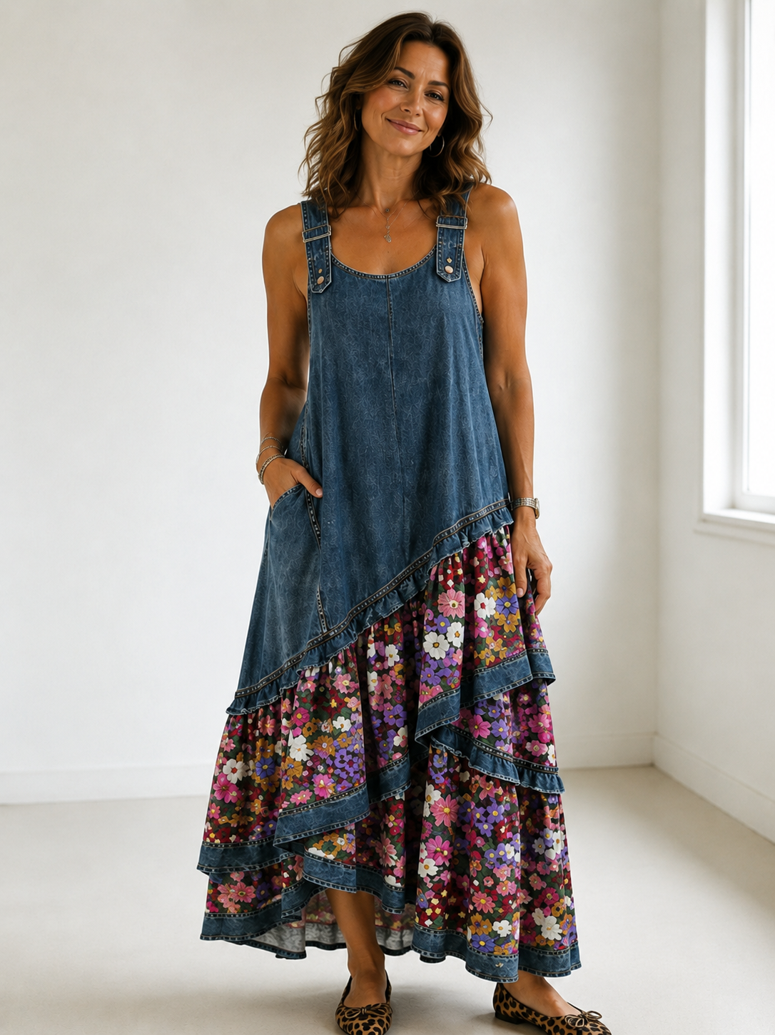 Rovessira - Maxi jurk voor dames met bohemian patchwork in denim en bloemenprint