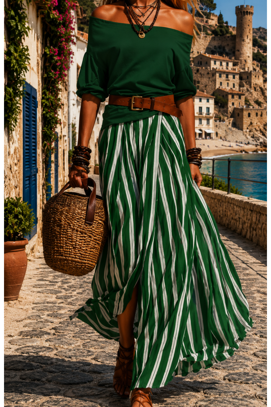 Zéphyrine - Vrouwen bohemian set in groene kleur met gestreepte rok